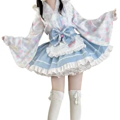 [Rowaica] 和風 ロリータ服 メイド服 ゆめかわ ゴシック ゴスロリ 姫袖 浴衣風 コスプレ セットアップ 上下セット (ブルー, S)のサムネイル