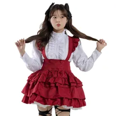 [SSUPTEMBER2] ティアードスカート シャツ 赤ジャンパースカート ロリータ ゴスロリ フリル アイドル ロリータ風 ワンピース メイド服 衣装 ドレス 半袖 女の子 姫 森ガール ゆめかわいい 萌え lolita 学園祭 文化祭 イベント ハロウィのサムネイル