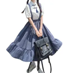[cnstone] ロリータ ワンピース レディース シャツ＋スカート 2点セット 学院風 森ガール 原宿系 かわいい カジュアル 無地 ロング丈 スカート 半袖ブラウス セットアップ 春夏秋 (L, ブルー)のサムネイル