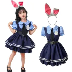 [Moerstar] ウサギ警官 詐欺師 コスプレ衣装 子供用 大人用 5 点セット 婦警ポリスワンピース ロリータ 仮装 ハロウィン 学園祭 イベント 誕生日パーティー 役柄演じ 可愛い ネクタイ うさ耳カチューシャ付き (ウサギ 子供 110)のサムネイル