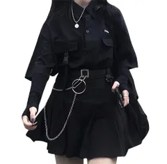 [ShuMing] セットアップ レディース 夏 上下セット 地雷系 ゆったり 量産型 夏服 半袖シャツ&プリーツスカート&ベルト カジュアル 韓国風 ストリート系 JK制服 原宿系(8黒)のサムネイル