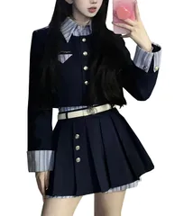[YEMOCILE] ワンピース レディース Jk制服 学院風 韓国風 レイヤード 地雷系 量産型 セットアップ 2点セット 可愛い ギャル Aライン 原宿系 ハイウエスト プリーツスカート 女子制服 カットソー ミニスカート 春秋冬のサムネイル
