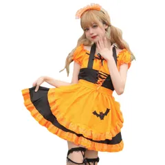 [RPFLQ] メイド服 コウモリ コスプレ ハロウィン 仮装 オレンジ 衣装 レディース ロリータ フリル 衣装 蝶結ぶ 背中空き 可愛い 大人用 舞台衣装 演出服 カチューシャ エプロン 4点セット (ブラック, XL)のサムネイル