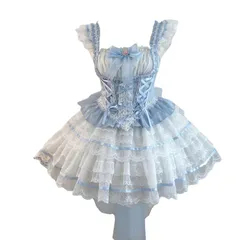 [トクとユウ] キャミソール ミニスカート ゴスロリ ガールズ リボン ティアード Lolita ジャンパースカート 宮殿風 森ガール お姫様 病みかわいい お茶会 文化祭 イベント (ブルー, M)のサムネイル