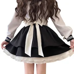 [ＷＡＮＳＨＩＸ] 大リボン付き ミニスカート フリル ハイウエスト Ａラインスカート 春秋 地雷系 黒スカート ゴシック ロリーター 可愛い(Sブラック)のサムネイル