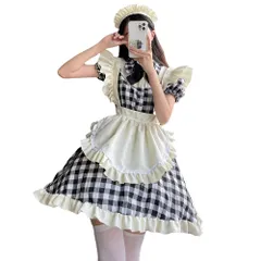 [RPFLQ] メイド服 チェック柄 喫茶店 レッド ブラック コスプレ ワンピース ロリータ 半袖 日常 萌え ハロウィン 仮装 レディース セクシー 蝶結ぶ 衣装 可愛い 大人用 ニーハイソックス (M, ブラック)のサムネイル