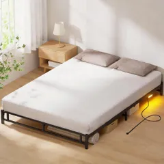 【LEDライト付きコンセント】ローベッドフレーム ダブル Holdm ベッドフレーム だぶる 耐荷重400? パイプベッド bed frame 静音 ウッ ドスチールベッド 組み立て簡単 (高さ15cm-ブラック, ダブル)eのサムネイル