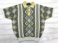 NIBULIN UOMO MAGLIA オールド レトロ トラッド 古着 二重襟 リネン混 ジャガード アーガイル 半袖 ニット ポロシャツ メンズ M カーキ系のサムネイル