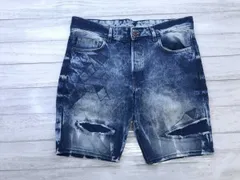 エイチアンドエム H&M Y2K グランジ サーフ ストリート ケミカルウォッシュ ダメージ加工 ショート ハーフ デニム パンツ メンズ 32 青のサムネイル