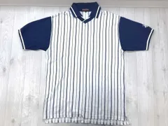 デサント DESCENTE レトロ トラッド スポーツ ゴルフ パターンストライプ 袖切替 Vネック 鹿の子 半袖ポロシャツ メンズ 綿混合 M 青白のサムネイル