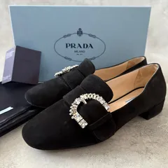 PRADA スウェードローファー クリスタルビジュー バックル やぎ革 レザー フラットシューズ 靴 パーティー ブラック 黒 37 美品のサムネイル