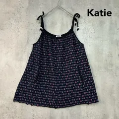 Katie ケイティ 1CT-1012 キャミソールトップス キャミソールワンピース 花柄 ロゴプリント 総柄 リボン ショルダーリボン Aライン フレア タンクトップ ノースリーブ コットン 綿 ブラック ★ ■◆のサムネイル