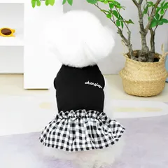 ペットワンピース チェック柄 蝶結びレースドレス 袖なし 春夏秋用 小型犬 中型犬 猫 お姫様風可愛いペット服（M, ブラック）のサムネイル