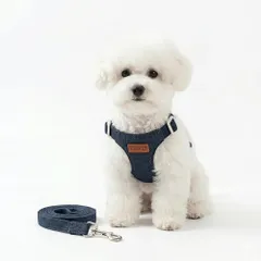 犬ハーネス 猫ハーネス リード付き 犬用ハーネス＆リードセット 小型犬、中型犬に向け 可愛い 子犬 胴回り調整可能 ハーネス 胴輪 小型犬 猫 お散歩 お出かけ 春夏秋冬 軽い 着脱簡単 引っ張り防止 洋服感覚 デニム製 (ダークブルー, M)のサムネイル