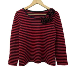 YUKITORII(ユキトリイ) 長袖セーター サイズ40 M レディース美品  - 黒×レッド クルーネック/ボーダー/フラワー(花)のサムネイル