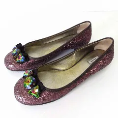 ミュウミュウ miumiu バレエシューズ パンプス グリッター ビジュー 装飾 イタリア製 38 ボルドー 光沢 エンジ 25.0cm くつ 靴 シューズのサムネイル