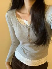 レイヤード 룩 グレー 長袖 Tシャツのサムネイル