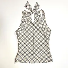 kS109 BURBERRY BLUE LABEL ホルターネック キャミソール ベアトップ ノースリーブ ノバチェック チェック柄 平成 Y2K リボン 刺繍 ホース刺繍 ベージュ バーバリーのサムネイル