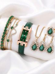Ladies' Quartz Watch, 7 Pieces, Quartz Analog Watch, Square Roman Numeral, Vintage Formal Watch + Accessories