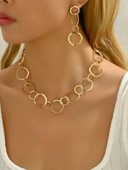 Ladies' Gothic Punk Y2k Gold Tone Chain Necklace & Metallic Statement Earrings (1 Pair) - A Perfect Jewelry Set for New Year's Parties and Gatherings
