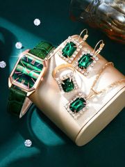 Ladies' Watch Set, Casual Quartz Watch with PU Leather Strap, Necklace, Earrings, Ring, and Square Full Rhinestone Jewelry Set, Suitable for Daily Wear, Thanksgiving, Halloween, Christmas, Birthday Parties, Ramada