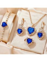 Women's Jewelry Set: Heart Motif Necklace, Earrings, Ring, and Bracelet