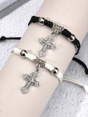 Jewelry Women's Bracelet Set 2-Piece Fashionable Creative Style Black & White Couple Bracelets with Cross and Rhinestone Decoration, Handmade Braided Rope Jewelry Set Valentine's Day