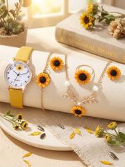 Ladies' Watch Set (6 pieces): Quartz Watch, Flower Bracelet, Necklace, Earrings, Ring, Jewelry Set. Elegant and fashionable minimalist Arabic numeral design. Perfect for daily wear, party decorations, Valentine's Day, Mother's Day, and other special occasions.