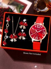 Ladies' Watch Set - Casual Fashion Round Quartz Watch with Elegant Inlaid Butterfly Heart Design Necklace, Earrings, and Bracelet - Jewelry Set for Everyday Wear - Back to School