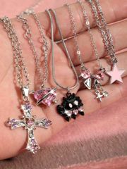 Jewelry for Women: 5-Piece Set of Pendant Necklaces by Y2K - Heart, Cross, Black Cat, Butterfly, Ribbon Star, Decorative Necklaces, Fashionable Sparkling Choker Jewelry Set, Perfect for Women, Girls, Valentine's Day Gift, Party