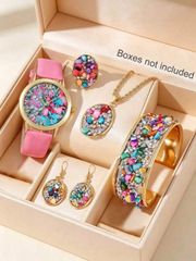 Ladies' Watch Set: An elegant fashion watch set for women, featuring a multi-colored rhinestone-embellished watch, necklace, earrings, bracelet, and ring. A stylish jewelry set perfect for daily wear, birthday gifts, and parties.