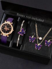 Ladies' Watch Set: Butterfly Motif Quartz Watch (6-piece set), Versatile Fashion Pendant Necklace, Earrings, Bracelet Jewelry Set