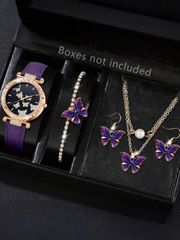 Ladies' Watch Set: Butterfly Motif Quartz Watch (6-piece set), Versatile Fashion Pendant Necklace, Earrings, Bracelet Jewelry Set