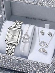 Ladies' Watch Set (6 pieces): Quartz Watch, Heart-shaped Bracelet, Necklace, Earrings, Ring. Elegant rhinestone embellishments. Minimalist design. Perfect for everyday wear, parties, Valentine's Day, Mother's Day, and other special occasions.