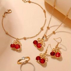 Women's Jewelry Set: A fashionable 5-piece fruit-themed jewelry set featuring a cute cherry pendant necklace, earrings, bracelet, and ring. Suitable for everyday wear or as a holiday gift (number and order of beads may vary).