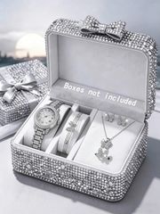 Ladies' Watch Set: Elegant Round Quartz Watch Set of 6, with Butterfly Bracelet, Necklace, Ring, and Earrings Jewelry Set. Perfect as a Birthday/Holiday Gift for Women, for Parties, Vacations, Graduations, Celebrations, and Daily Wear.