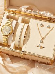 Ladies' Watch Set of 6 Gold Rhinestone Watches and Jewelry, Inlay Chain Pendant Necklace and Bracelet, Watch, Necklace, Bracelet, Earrings, Ring, for Everyday Wear and Holidays