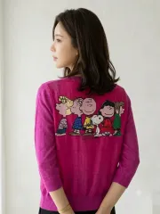 SNOOPY ピーナッツ キャラクター ホットピンク シースルー ニット カーディガン | 7分袖のサムネイル