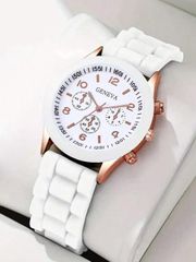 Ladies' Quartz Watch, 1pc. A fresh, sporty style watch with a white silicone strap, rose gold case, and rose gold digital markings, adding a touch of vitality. Soft and comfortable silicone material. Ladies' watch, accessory, jewelry.