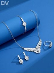 Ladies' Jewelry Set: Necklace, Bracelet, Earrings, and Open Ring - 5-Piece Elegant Jewelry Gift for Parties and Anniversaries