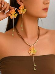 Women's Jewelry Set - 3 Pieces: Vintage Bohemian Gradient Maple Leaf Jewelry Set, Imitation Jade Tassel Drop Earrings & Waxed Cord Pendant Necklace - Perfect for Parties, Holidays, and Daily Wear