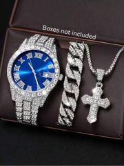 Men's Watch Set - 3-Piece Set: Fashionable and Simple Quartz Watch with Silver Strap, Roman Numeral Calendar, Bracelet, and Necklace Jewelry Set. Suitable for daily wear, decoration, and holiday gifts.