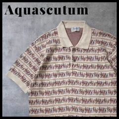 90s Aquascutum Aquasport 総柄 ニットポロシャツ 半袖 コットン100% 日本製 Lサイズ サマーニット ジャガード ヴィンテージ レトロのサムネイル