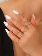 Women's Ring Set (10 pieces) - Personalized Heart & Moon Rhinestone Jewelry Set - Fashion Jewelry for Everyday Wear & Parties