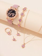 Ladies' and Girls' Watch Set: Pink PU Strap with Cute Rhinestone Heart-Shaped Quartz Watch (1 piece) & Rhinestone Jewelry Set (5 pieces) - Gift Set