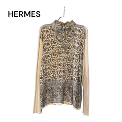 【美品】HERMES エルメス シルク 切替 長袖 シャツ ニット ポロシャツ アニマル柄 アイボリーのサムネイル
