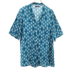 BLUE BLUE ブルーブルー 日本製 アンカー柄 半袖 オープンカラーシャツ 2 青緑 イカリ メンズ 古着
