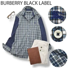バーバリー ブラックレーベル BURBERRY BLACK LABEL 長袖 切替 デザイン シャツ ラウンドヘム ナイトロゴ 刺繍 2 チェック ネイビー ブリティッシュ シティールック メンズのサムネイル
