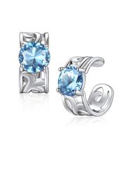 Ear cuff for women, sterling silver 925, men's earrings, hypoallergenic, cubic zirconia, non-pierced earrings, unisex, openwork arabesque design, simple, birthstone, March, aquamarine, blue.