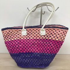 新品】レトラ かごバッグ Mサイズ ギンガム メタリックブルー×ピンク